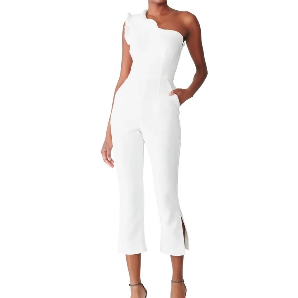 Black Halo White One-Shoulder Cropped Ruffled Jumpsuit